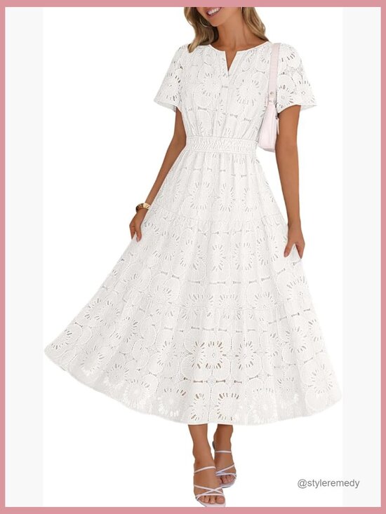 Dresses & Skirts - Floral Eyelet Maxi Dress with V-Neck and Tiered Hem